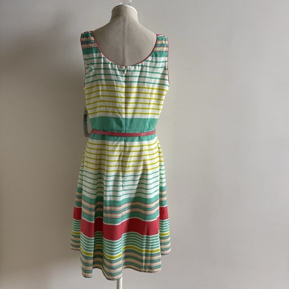 New Tiana B. Womens Dress 14 A Line Yellow Green Stripes Fit & Flare Lined Belt - Picture 7 of 15